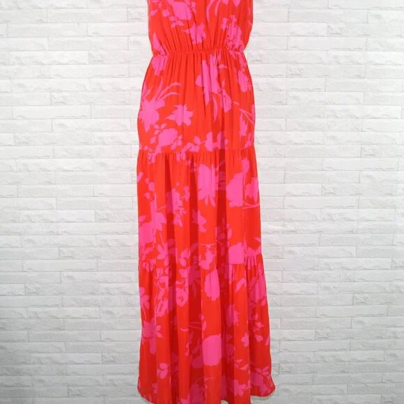 Dress Maxi Halter Floral Tiered Tropical Summer Sleeveless Orange Pink Small - Picture 3 of 15